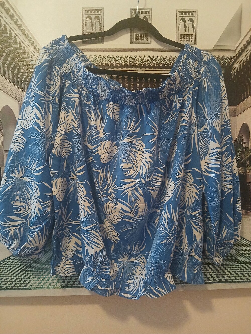 Blue Tropical Print Off-Shoulder Women's Top